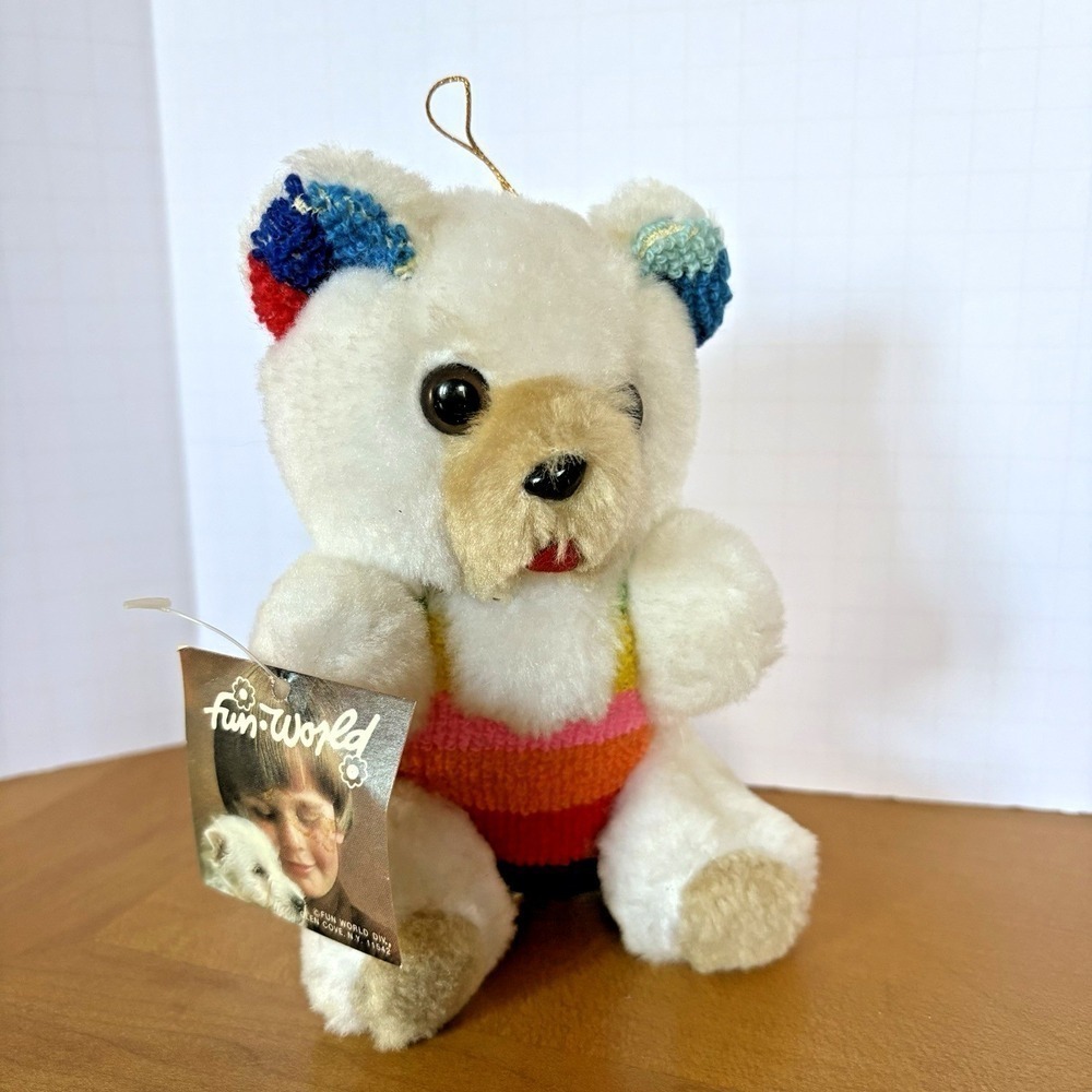 Vintage Fun World Plush Bear Ornament Rainbow Knit Outfit 6" w Tag‎ Heart Nose